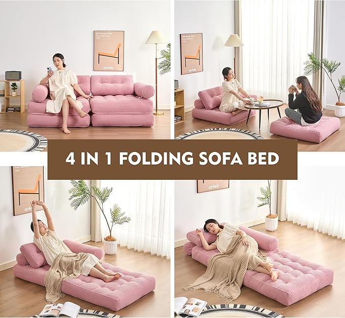 Plus Futon Sofa Bed for Small Spaces, Floor Couch with Armrest, Folding Sofa Couch, Convertible Sleeper Chair Bed with Pillow, Portable Comfy Floor Lounge for Living Room and Bedroom, Pink