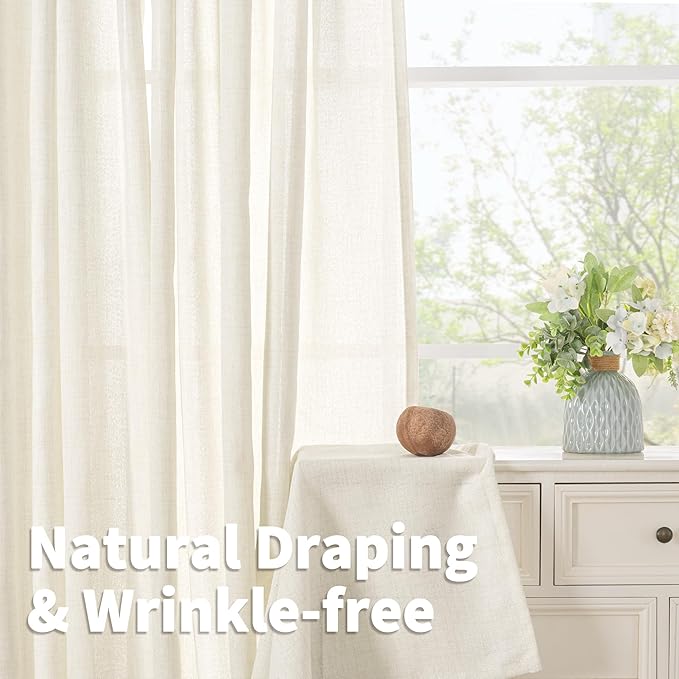 YoungsTex 68 Inch Length Ivory Linen Curtains for Living Room Window, Light Filtering Semi Sheer Drapes with Bronze Grommet Privacy for Bedroom Farmhouse Decorative, 52 x 68 Inch, 2 Panels