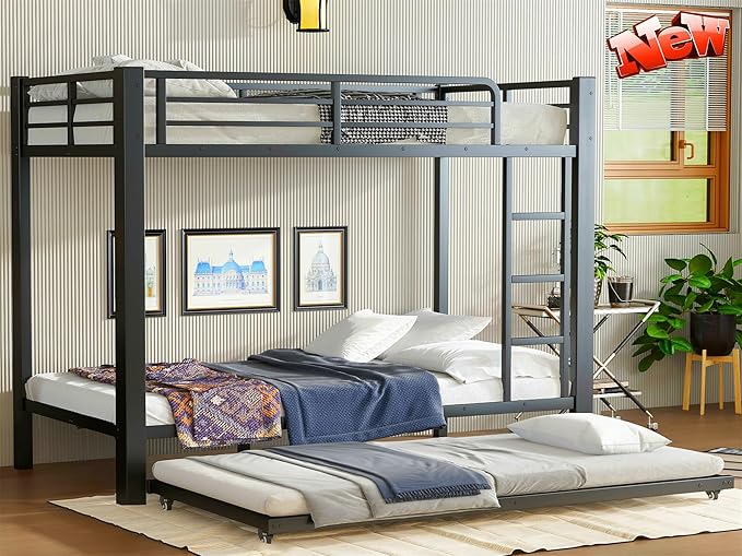 Higher Quality & Stronger Heavy Duty Metal Bunk Bed Frame Twin XL Over Twin XL Size with Twin Size Trundle for Adults Teens, Thickened More Stable Steel Bunkbed