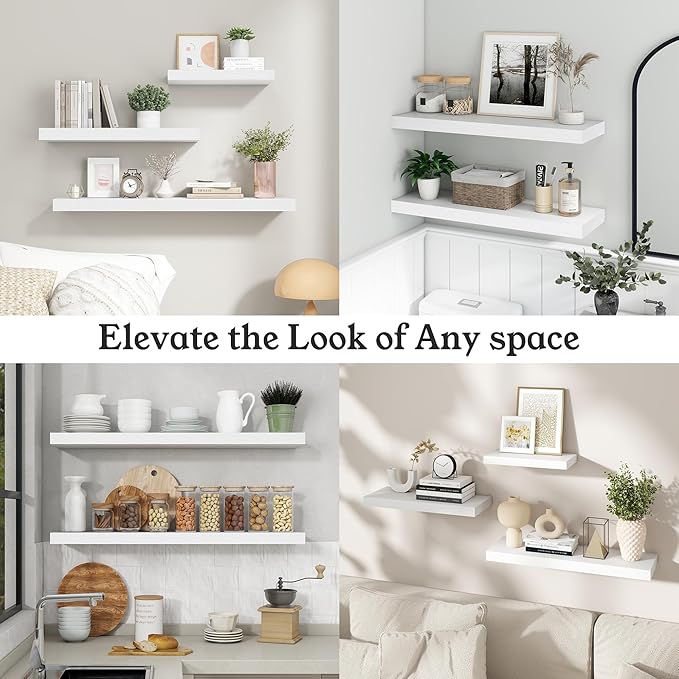 Floating Shelves for Wall, 9.3" Deep Wall Mounted Wood Shelves for Bathroom, Bedroom, Living Room, Kitchen, Hanging Shelf for Books/Storage/Room Decor (White, 55")