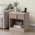 Fluted Nightstand with Charging Station, 23.6" End Table with Solid Wood Handle,Night Stand with Curved Profile Design, Mid Century Moden Bedside Table for Bedroom, Living Room, White Alder