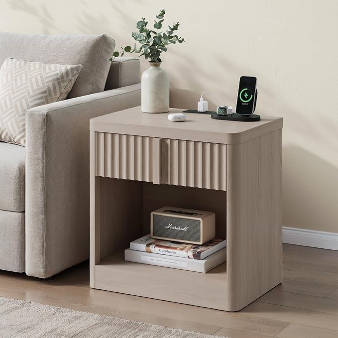 Fluted Nightstand with Charging Station, 23.6" End Table with Solid Wood Handle,Night Stand with Curved Profile Design, Mid Century Moden Bedside Table for Bedroom, Living Room, White Alder