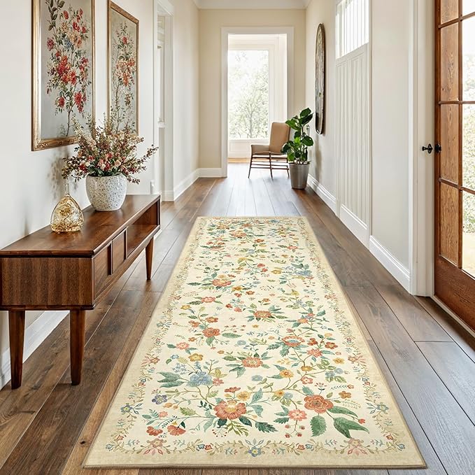 Amada 2.6x8 Washable Runner Rug, Non-Slip & Low-Profile Kitchen Area Rug with Reinforced Edge Binding, Boho Floral Pattern, Soft Long Entryway Rugs for Bedroom & Hallway