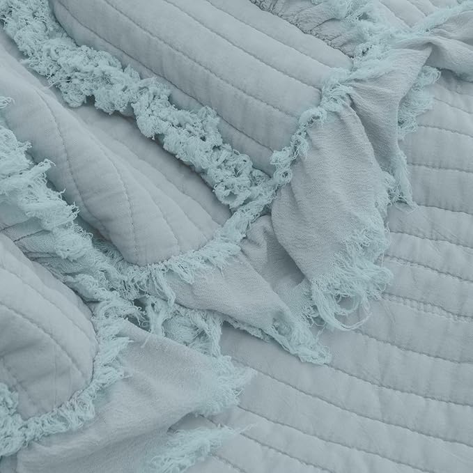 Ultra Soft Pre-Washed Quilted Boho Blue Green King Size Blankets for Bed, Ruffle Fringed Decorative Throw, Stone Washed Chic Rustic Blanket for Sofa Couch Bed, 104"*90"