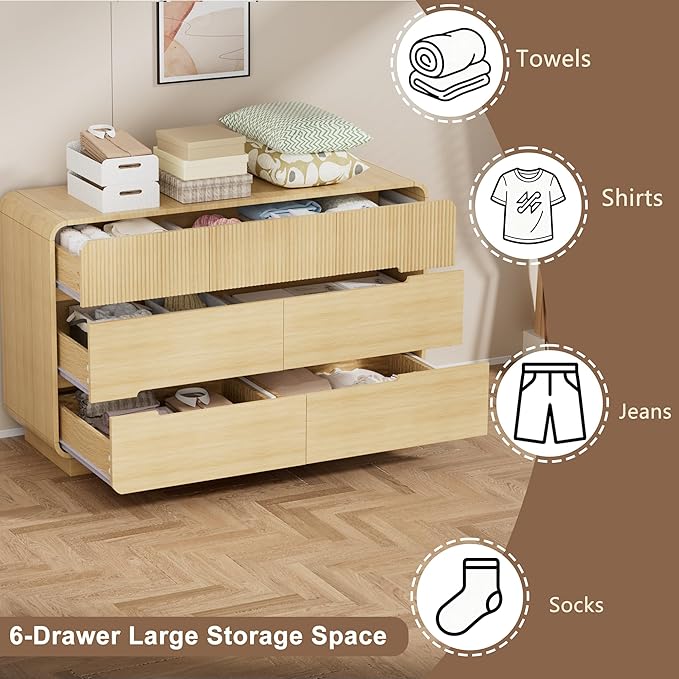 7 Drawer Dresser and 2 Nightstand Sets for Bedroom 3 Pcs Bedroom Set, Modern 47.2" Fluted Dresser with Invisible Handles Nightstand Charging Station, Bedroom Furniture Set for Living Room, Natural
