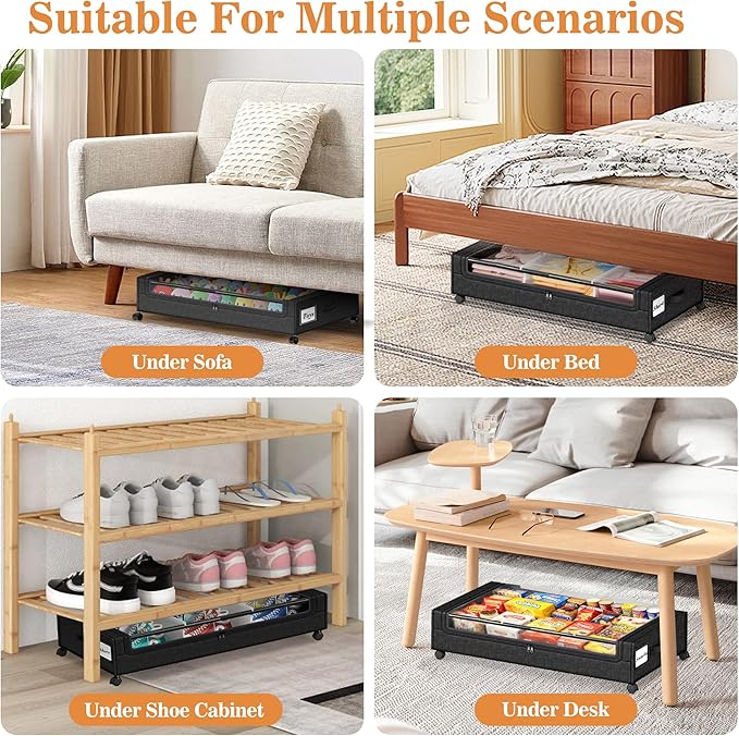 2 Pack Under Bed Storage with 4 Dividers, Large Under Bed Storage Containers with Wheels for Clothes, Shoes, XXL Rolling Underbed Storage Organizer Bins with Clear Lids and Handles