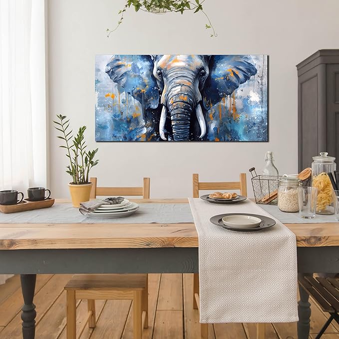 ENTANUB Elephant Wall Art for Bedroom, Animal Canvas Wall Art for Living Room, Blue Picture Print, Size 48x24 Inches