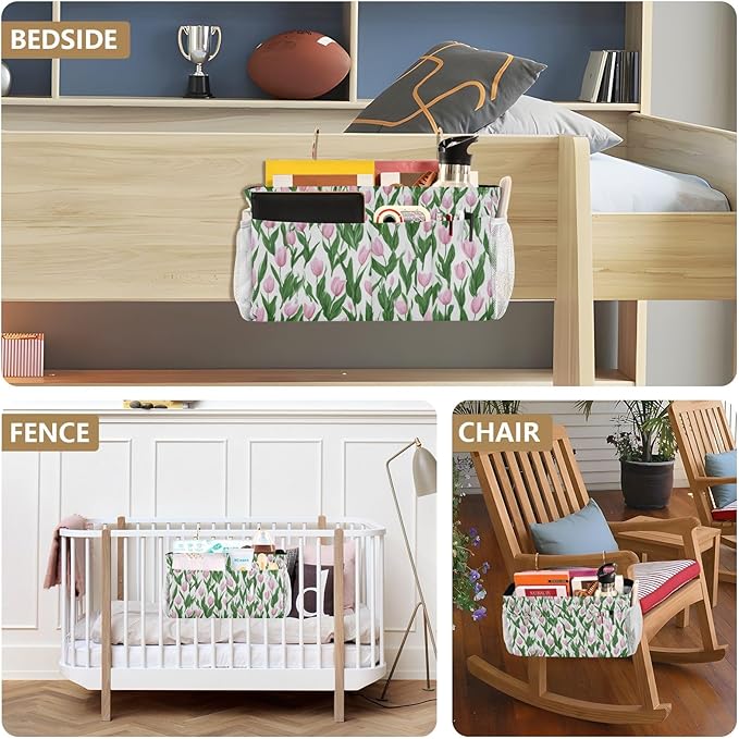 Bedside Caddy Hanging Bunk Bed Caddy Bed Organizer Hanging Pocket with 2 Hooks Bedside Storage Organizer Pocket Bag Holder Small Tulips Pink