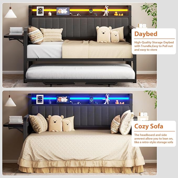 Daybed with Trundle, Twin Trundle Bed Frame - Metal Day Bed with LED Lights, Upholstered Storage Headboard & Charging Station, Pop Up Sleeper, Modern Design for Living Room and Guest Room-Black
