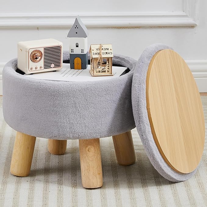 FIMIVIBI Small Foot Stool Ottoman with Storage, Soft Faux Fur Ottoman Foot Rest for Couch, Round Footstool with Storage, Small Ottomans and Footstools for Living Room and Entryway (Gray)