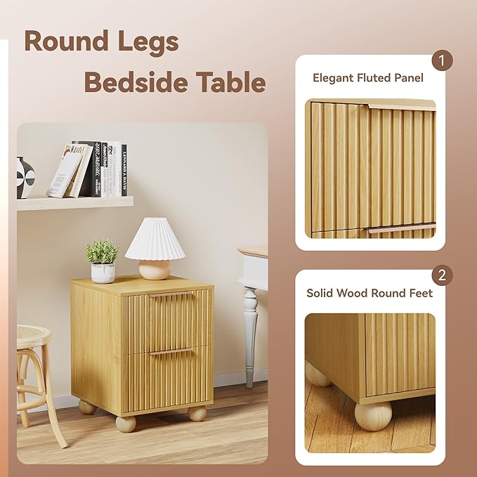 Fluted Nightstand, Natural Oak Finish Bedside Table with Spacious Storage Drawers, Night Stand with Solid Wood Round Legs for Bedroom, End Table, Side Table