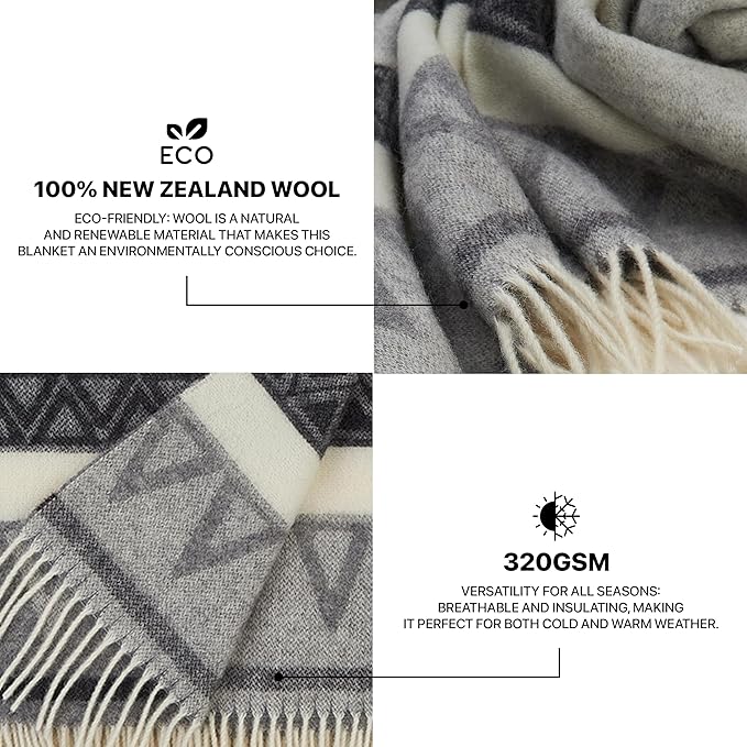 | Wool Blanket/Throw | 100% New Zealand Wool | Perfect for Home and Outdoors | Virgin Wool Throw with Fringes 67"x79" (170 x 200 cm)