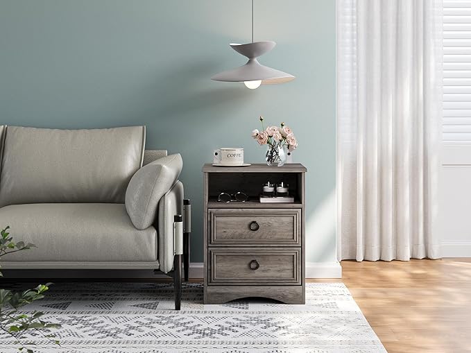 Set of 2 Nightstand with 2 Drawers, 18"W Night Stand with Drawers for Bedroom, Large Accent Bed Side Table and End Table with Open Compartment-Easy Pull Handle, Textured Border for Living Room,Gray