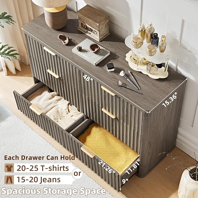 LEYAOYAO 48" Wide Fluted Dresser and 3 Drawers 23" Nightstand Set of 2, Wooden Dresser & Night Stand with Charging Station, 3 Piece Bedroom Furniture Set, Wood Chest of Drawer for Living Room,Grey