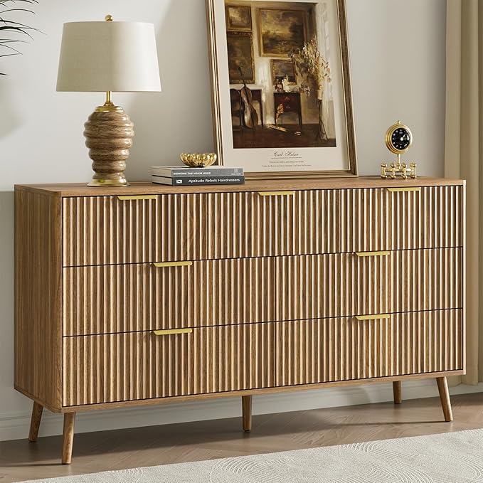 LYNSOM 55" Wide Fluted Dresser for Bedroom with 7 Drawer, Modern Chest of Drawers with Curved Profile Design and Metal Handles, Wood Dresser TV Stand & Storage Organizer for Living Room, Walnut