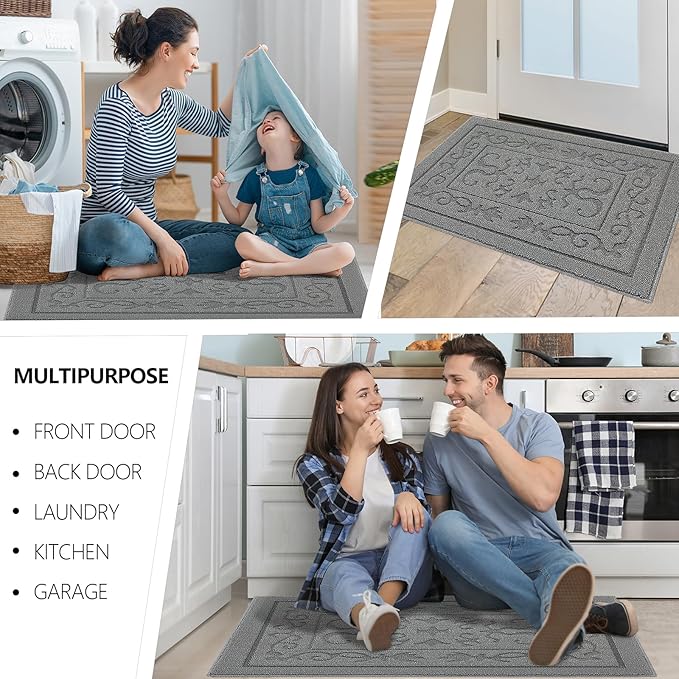FONEYI Indoor Door Mat, Front Back Door Mat 32"x48" Non-Slip Rubber Backing Door Rug, Machine Washable Entry Rug, Low Profile Absorbent Dirt Trapper Doormat Inside Floor Mats for Entryway, Light Grey