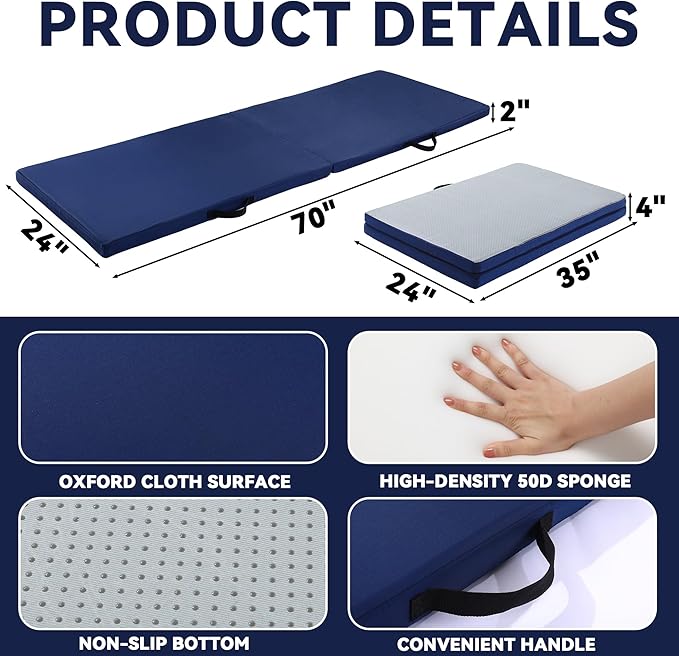 MABOZOO Fall Mats for Elderly, 70"*24"*2" Waterproof Bi-Fold Floor Mat Beveled Bedside Floor Mat Reduce Risk for Elderly & Hospital Patients (Blue
