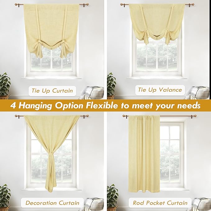 DriftAway Double Layer Linen Blackout Tie Up Curtains Thermal Insulated Fully Lined Balloon Roman Shade Bathroom Window Adjustable Rod Pocket for Small Window 25 Inch by 47 Inch Yellow