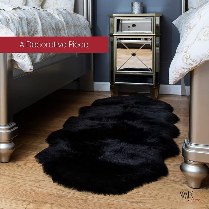 Silky Soft Faux Fur Rug, 2 ft. x 6 ft. Black Fluffy and Shaggy Sheepskin Area Carpet for Living Rooms, Bedroom, Kid's Room, or Nursery, Home Décor Accent, Machine Washable with Non-Slip Backing