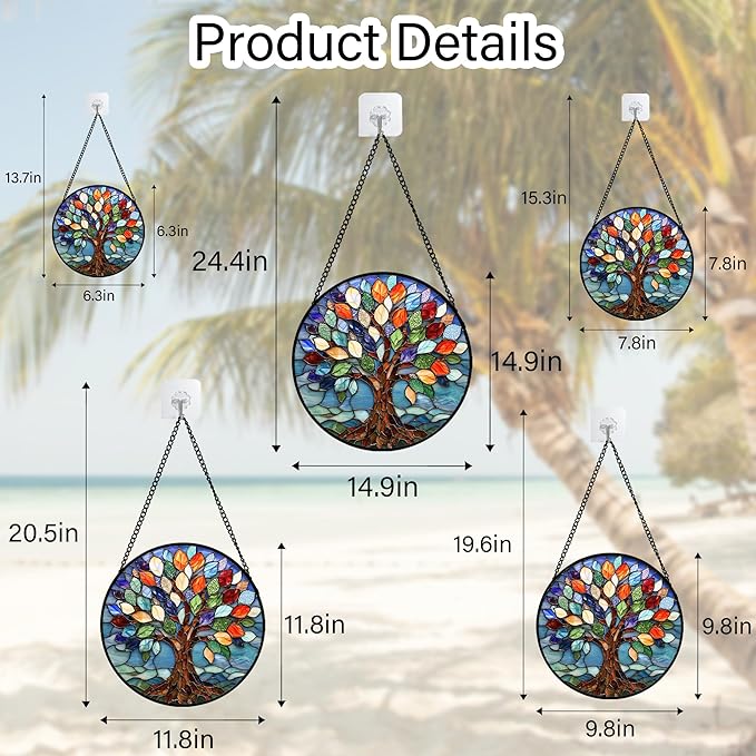 Stained Glass Window Hanging, Colorful Tree of Life Sun Catchers Glass Panel Blue Suncatcher Decor for Birthday for Women, Men, Wife, Aunt, and Mom 11.8x11.8 in