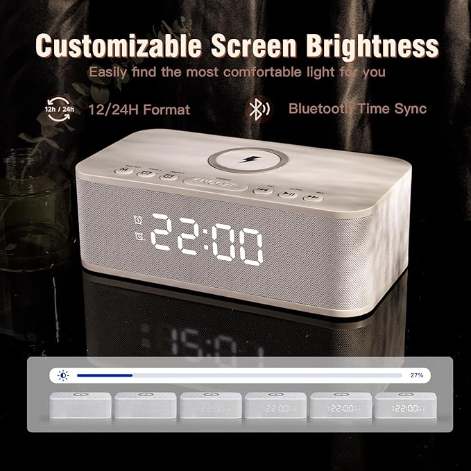 Dual Alarm Clock Radio Bedroom, Digital Alarm Clocks Bedrooms Bluetooth, Up to 10 Bedroom Alarms Clock White Noise 23 Soothing Sounds App/Button Control Snooze 12/24H FM Speaker Charging, White