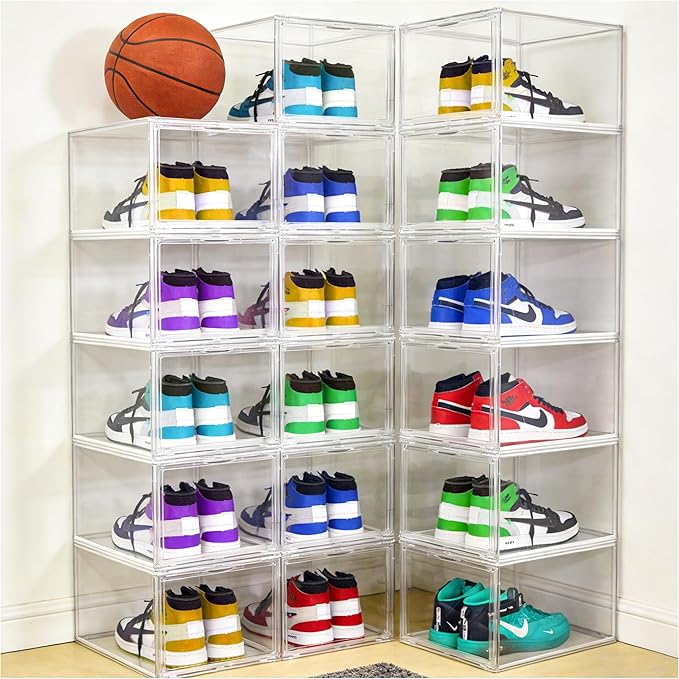 1 Pack Acrylic Drop Front Shoe Boxes Fit Size 13, Clear Stackable Shoe Organizer with Front Side Magnetic Door for Closet, Entryway, Underbed, Multiple Display Cases for Hats, Figures, Sneakers