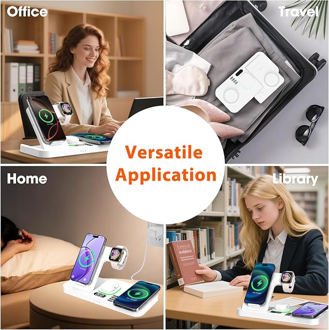 Dual Phone Magnetic Wireless Charging Station for Apple Devices/Apple Ecosystem,with Auto-Switch 7-Color Light & Clock, Compatible with iPhone 17/16/15, for iWatch 11/10/9 & AirPods Pro3（White