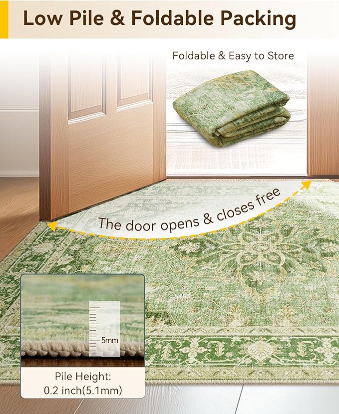 Area Rugs 3'x10' Washable Non-Slip, Floral Vintage Distress Print Pattern Medallion Carpet for Living Room Bedroom Dining Room, Sage Green Yellow