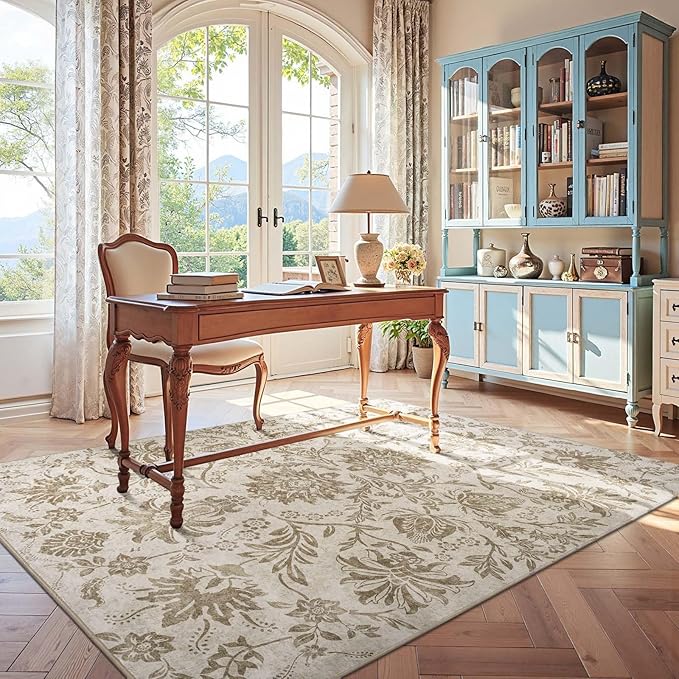 jinchan Torino Floral 5x7 Area Rugs, Vintage-Inspired Neutral Design Accent Rug, Machine Washable Ultra-Thin Low-Pile Non-Slip Traditional Carpet for Living Room Bedroom Dining Room Home Office, Taupe