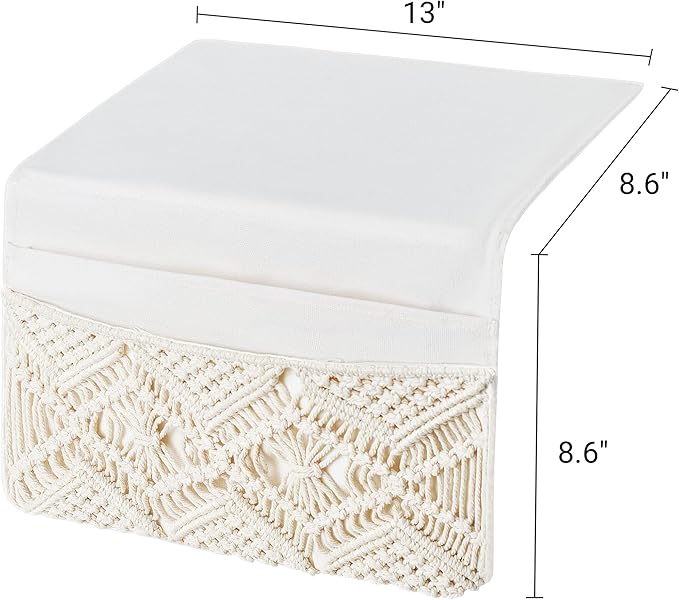 Mkono Macrame Bedside Caddy Storage Organizer Boho Remote Control Tablet Magazine Holder with 4 Pockets Non-slip Countertop Bedside Caddy for Home Bedroom Living Room College Dorm Bed, Ivory