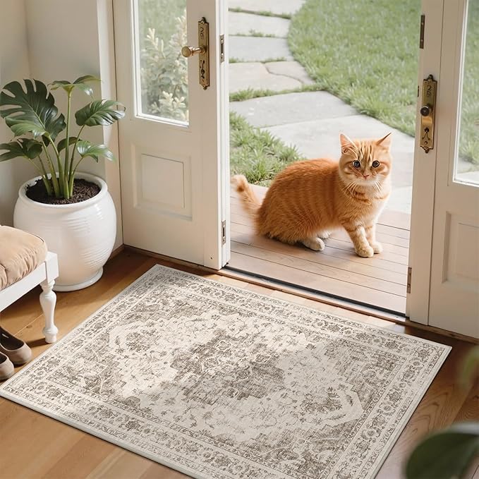 2x3 Vintage Washable Area Rugs for Entryway Soft Non-Slip Bath Mat Boho Medallion Distressed Retro Accent Carpet Floral Low Pile Indoor Throw Rug for Kitchen Laundry Living Room Bedroom, Taupe