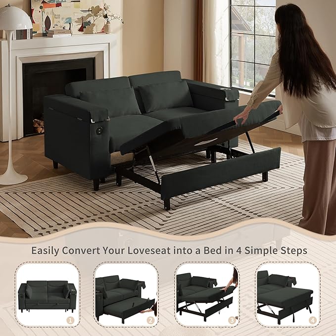 66" Multi-Functional Pull-Out Sofa Bed with Hidden Side Table, Storage Armrests, Built-in Charging Port, Spring Mattress, Solid Wood Frame – Ideal for Small Spaces, Easy Assembly