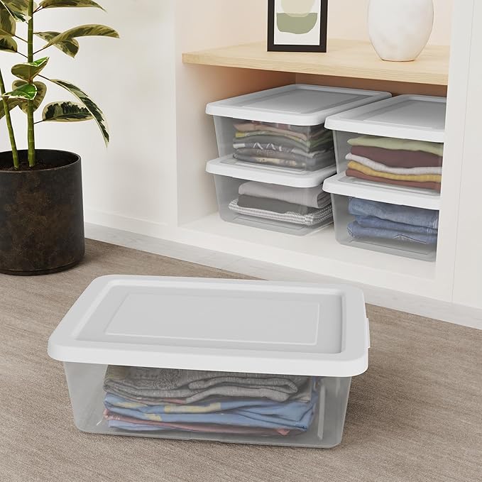 Sterilite 60 Pack Storage Box, 12 Quart Stackable Tote, Clear Plastic Container with Secure Snapping Lids for Home and Office Organization, White
