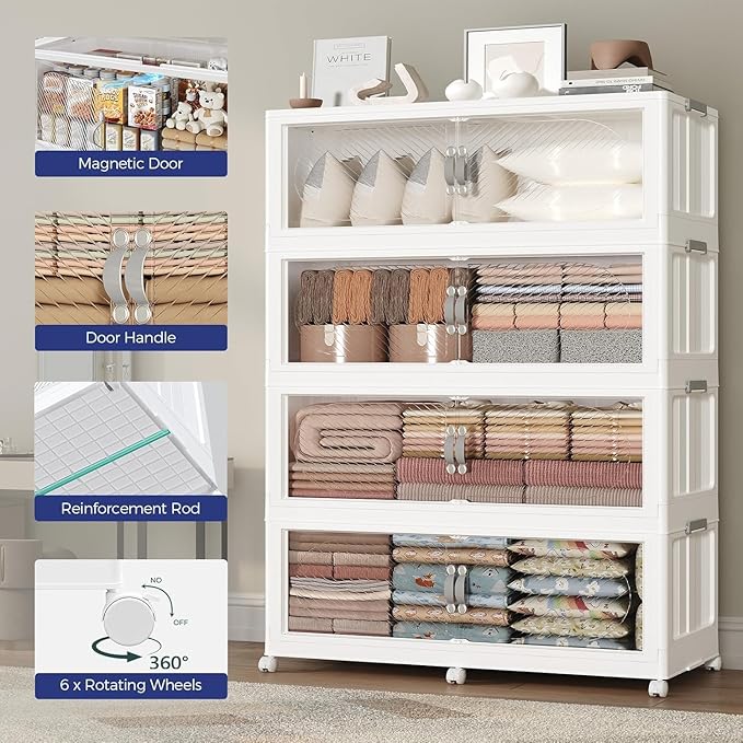720QT Plastic Stackable Storage Bins with Lid, 180GAL Extra Large Collapsible Box with Wheels Clear Door, Foldable Closet Organizer Container Cabinet Drawer for Home Kitchen，3Pack, White