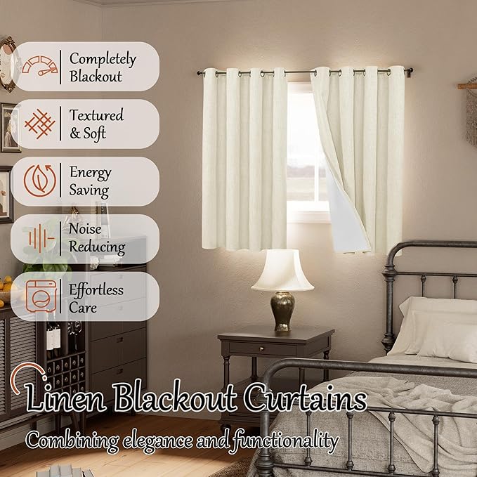 Linen Blackout Curtains 54 Inch Length 2 Panels for Bedroom, Thermal Insulated Total Light Blocking Noise Reducing Window Curtains for Farmhouse, Bronze Grommet, Cream, Each 52" Wide