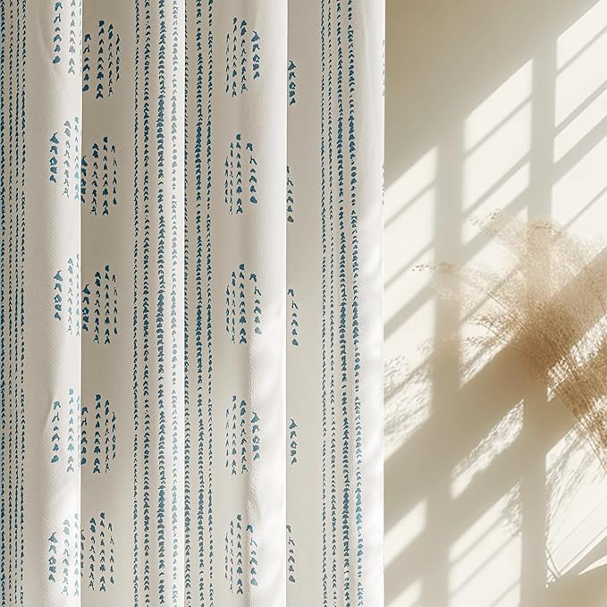 100% Boho Blackout Curtains 63 Inches Long for Bedroom, Blue on Beige Patterned Bohemian Curtains for Living Room, Geometric Striped Thermal Insulated Window Drapes Gromment Top 2 Panels