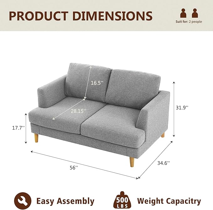 Loveseat Sofa 56", Small Couches for Small Spaces, Mid Century Love Seat Couches for Living Room, Upholstered 2-Seater Couch for Bedroom, Apartment, Grey