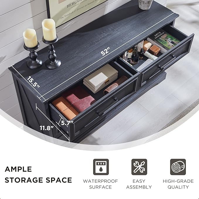 JXQTLINGMU Farmhouse 6 Drawers Dresser for Bedroom, 52'' Wide Large Wood Dressers with Bar Handles, Chests of Drawers with Storage Dressers Organizer for Bedroom, Hallway, Black