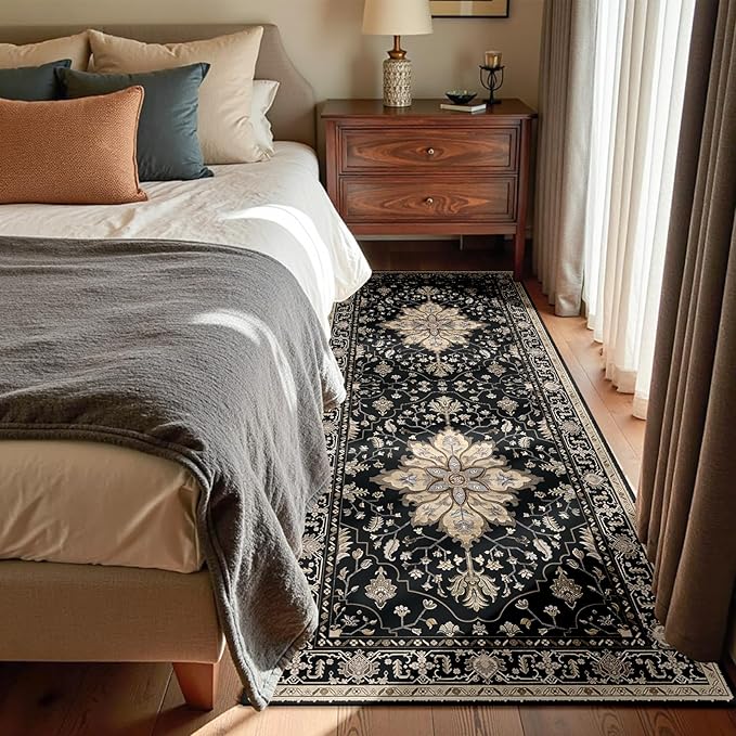Area Rugs 3'x6' Washable Non-Slip, Floral Vintage Distress Print Pattern Medallion Carpet for Living Room Bedroom Dining Room, Black Brown Neutral Dark Tan