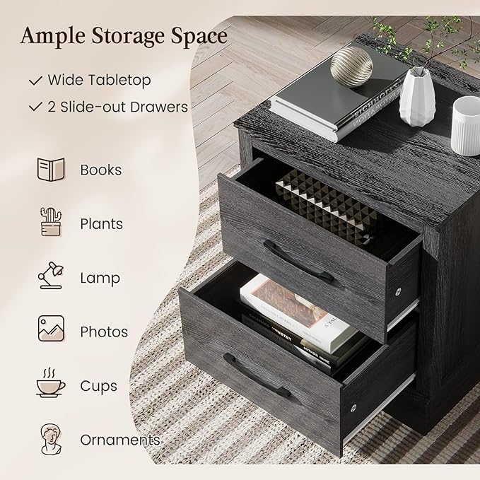 Giantex Farmhouse Nightstand, Wood Bedside Table with 2 Storage Drawers, Compact Floor Night Stand End Table, Accent Sofa Side Table for Bedroom, Grey Oak