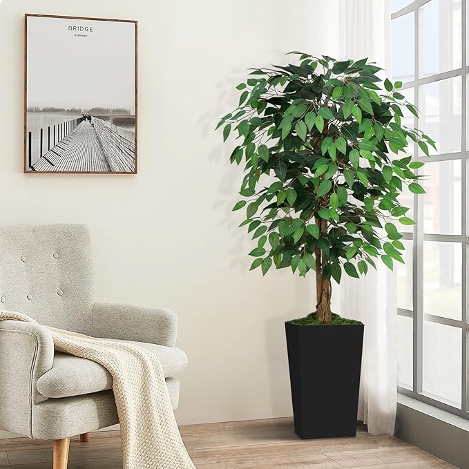 5ft Ficus Artificial Tree with 3 Natural Curved Trunks, 60" Tall Lush Faux Tree for Home Decor Indoor, Green Lifelike Fake Ficus Tree with Black Planter Pot