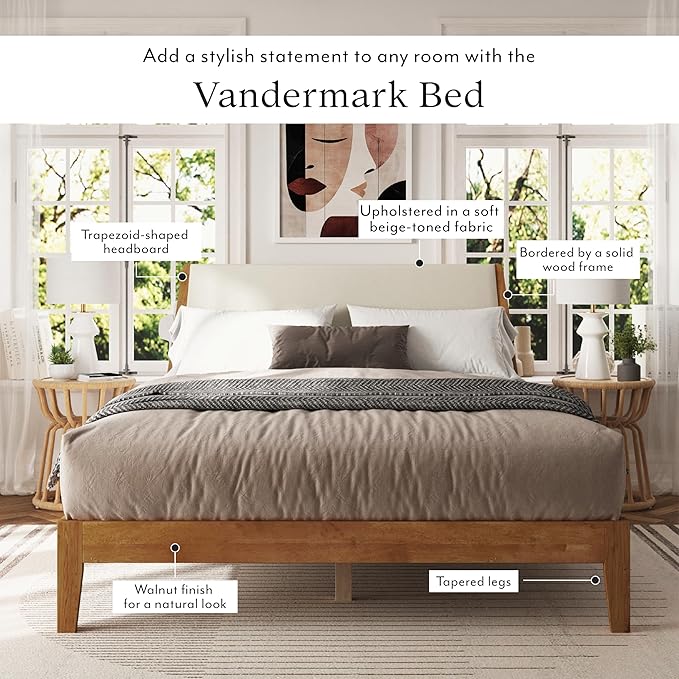 DG Casa Vandermark Solid Wood Easy Install King Bed Frame with Unique Headboard and Wooden Slat Support Included No Box Spring Required - Beige Walnut