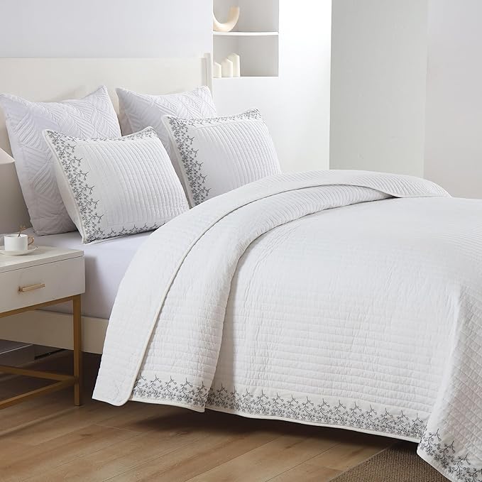 MarCielo 3-Piece 100% Cotton White Striped Quilt Set with Botanical Edge Embroidery TC(Sakura White,King(106" X 98"))