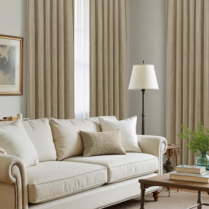 LAMIT Dark Taupe Velvet Curtains 120 Inch for Living Room, Thick Thermal Insulated Drapes Room Darkening Country Decor Back Tab and Rod Pocket Panels for Bedroom, 2 Panels, 52 x 120 Inch