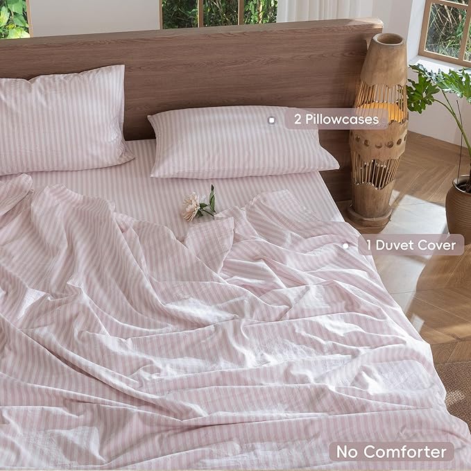 MooMee Striped Duvet Cover Set 100% Washed Cotton Linen Like Textured Breathable Durable Soft Comfy (Heathered Greyish Pink Classic Stripes, Full 80"x90")