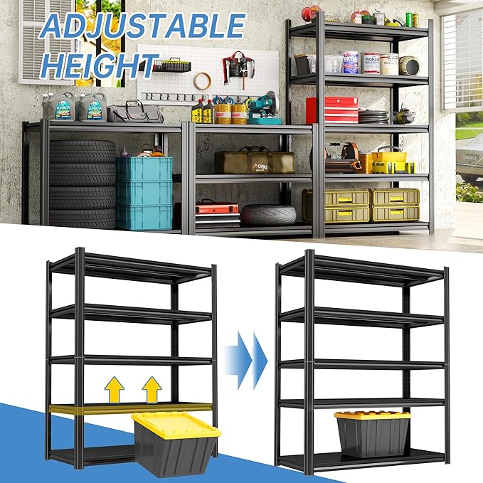 Storage Shelves, Garage Metal Shelving Unit, Adjustable, Double-Layer Column with Reinforced Ribs, Heavy-Duty, Capable of Bearing 600-3600 lbs (Black, 77 * 45 * 18, 5-Tier)