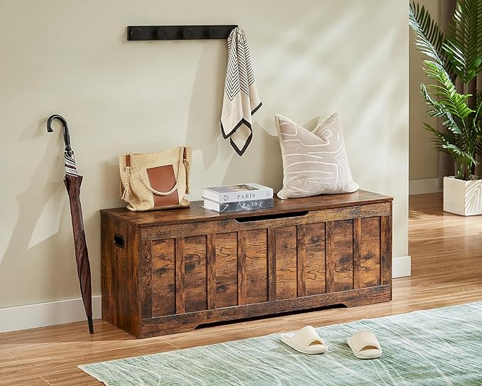51.2"Storage chest extra large,storage bench with 2 safety hinges,Shoe Bench,51.2*15.7*19.1inches,wooden trunk for bedroom,livingroom,entryway,Supports 220 lb,Easy Assembly(Rustic brown)