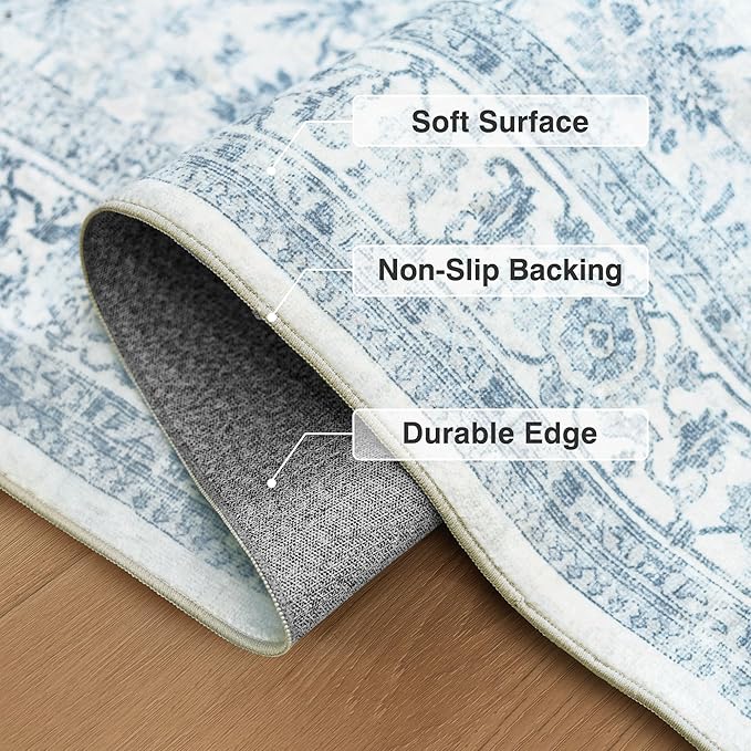 FMFUNCTEX 4x6 Washable Area Rug Blue Neutral Vintage Non Slip Low Pile Traditional Indoor Carpet for Entryway Living Room Bedroom Soft Retro Floral Mat Throw Rug for Dining Office Kitchen Entryway