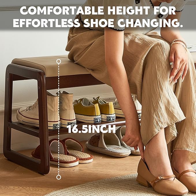 Solid Wood Shoe Bench, 2-Tier Wooden Storage Entryway Bench, Mid-Century Modern Shoe Bench Rack, End of Bed Bench with Faux Leather Cushion, Ottoman Bench for Hallway, Living Room (Cream Grey 39.7'')
