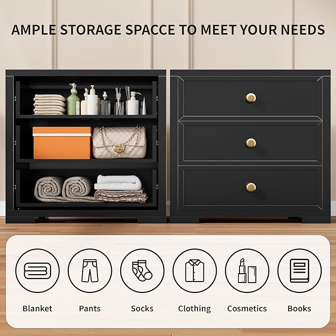 COWMOU Nightstand with Drawers 3 Drawer Night Stand with Charging Station Farmhouse Style Large Bed Side Table for Bedroom Living Room (1, Black)